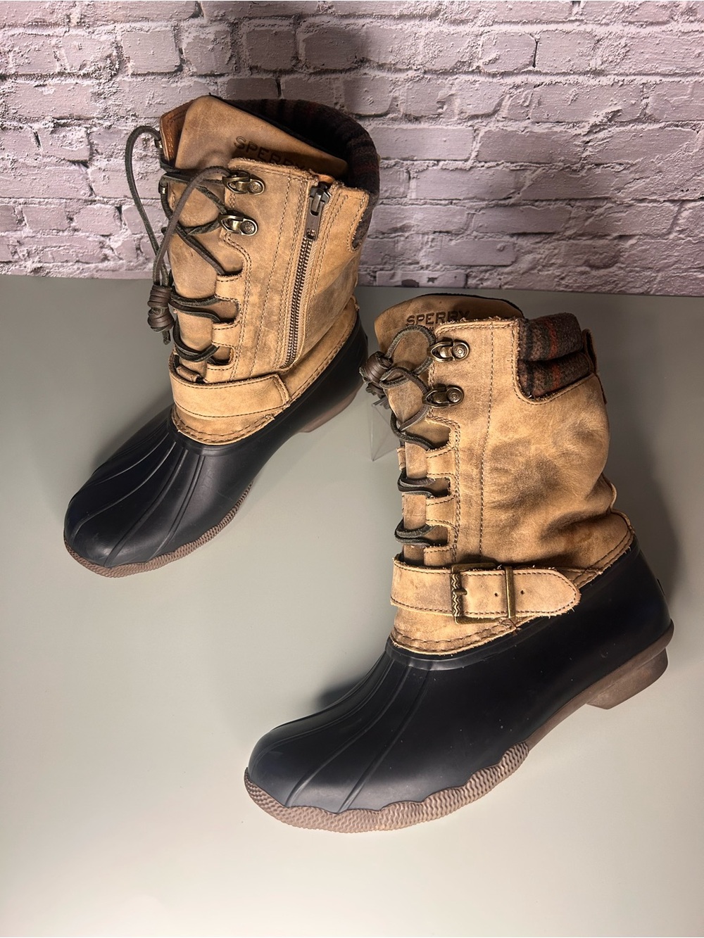 Sperry Saltwater Boots Misty Ducks Brown Leather & Plaid Lined